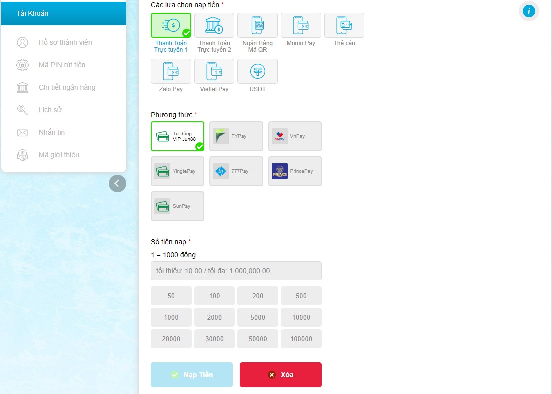 Sử dụng tài khoản ngân hàng nạp tiền KUVIP777
