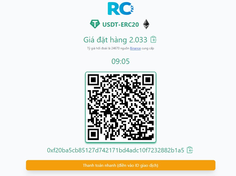Giao diện nạp tiền KUVIP777 bằng tiền mã hóa USDT